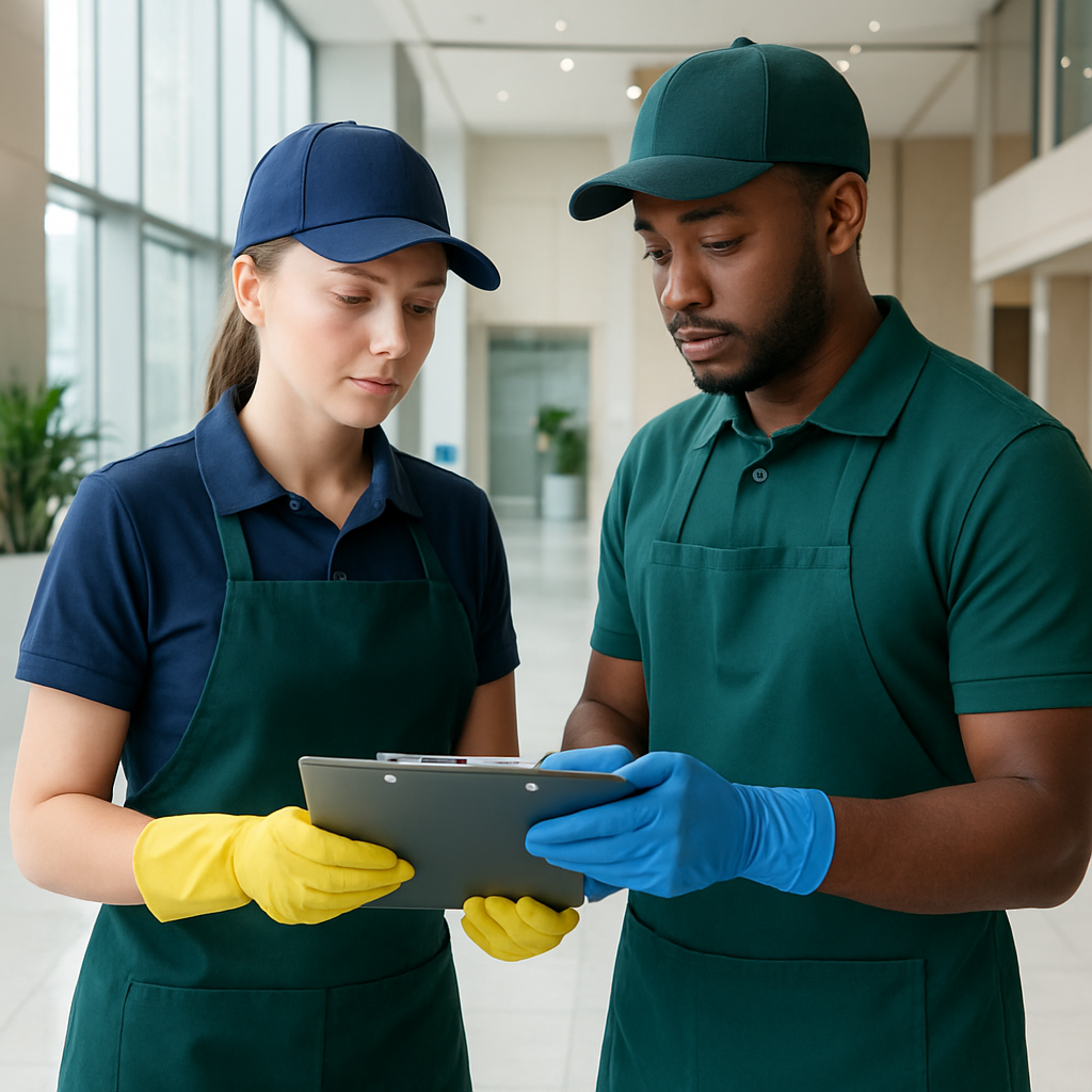 VRB cleaning staff reviewing a quality checklist